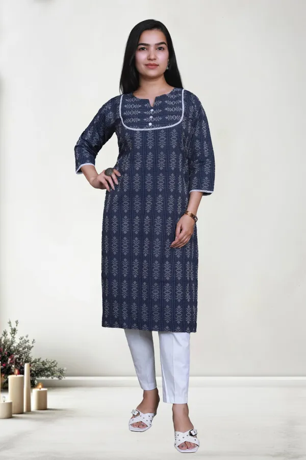 Navy_Blue_Thread_Jaqard_Design_Cotton_Blend_Long_Straight_Kurti