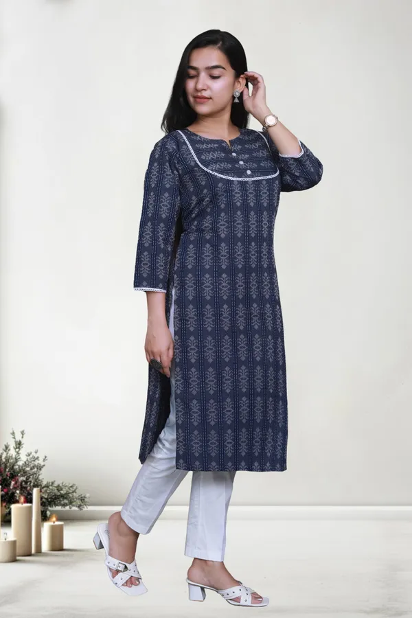 Navy_Blue_Thread_Jaqard_Design_Cotton_Blend_Long_Straight_Kurti