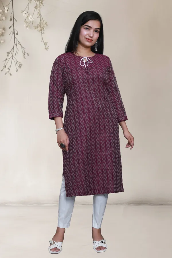 Maroon_Thread_Weave_Cotton_Blend_Long_Straight_Kurti