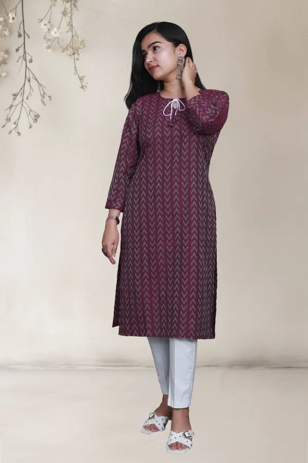 Maroon_Thread_Weave_Cotton_Blend_Long_Straight_Kurti