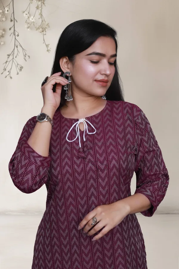 Maroon_Thread_Weave_Cotton_Blend_Long_Straight_Kurti