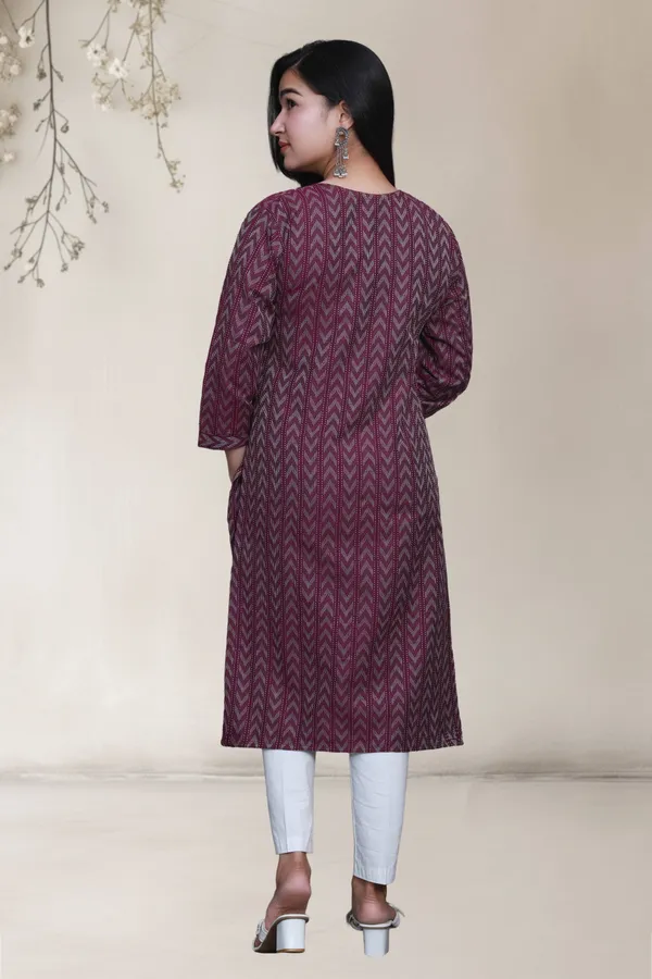 Maroon_Thread_Weave_Cotton_Blend_Long_Straight_Kurti