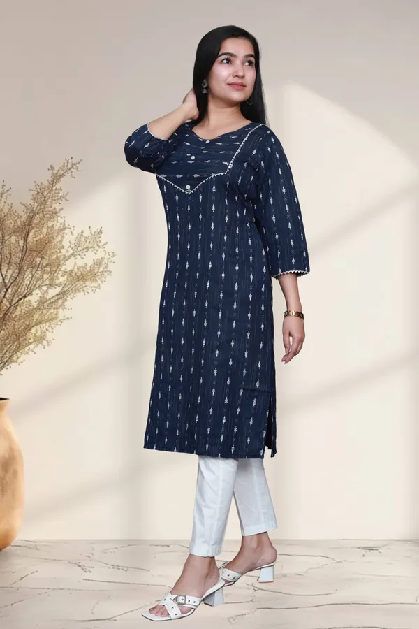 Navy_Blue_Thread_Weaving_Design_Cotton_Blend_Long_Straight_Kurti
