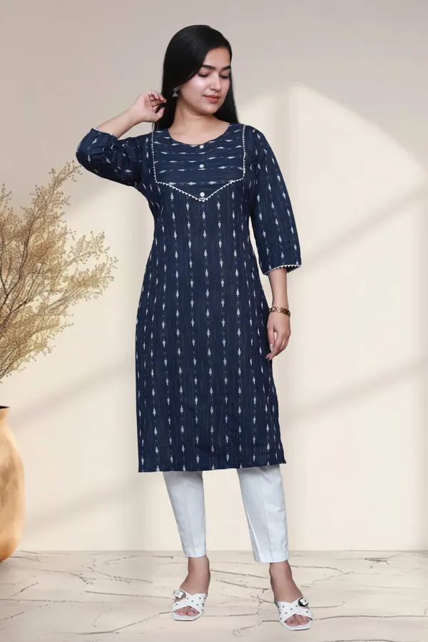 Navy_Blue_Thread_Weaving_Design_Cotton_Blend_Long_Straight_Kurti