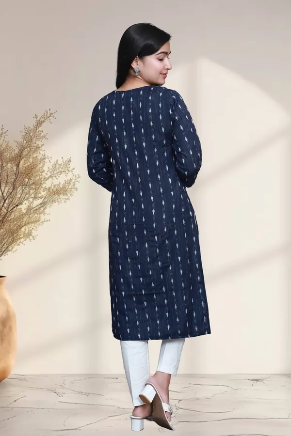 Navy_Blue_Thread_Weaving_Design_Cotton_Blend_Long_Straight_Kurti