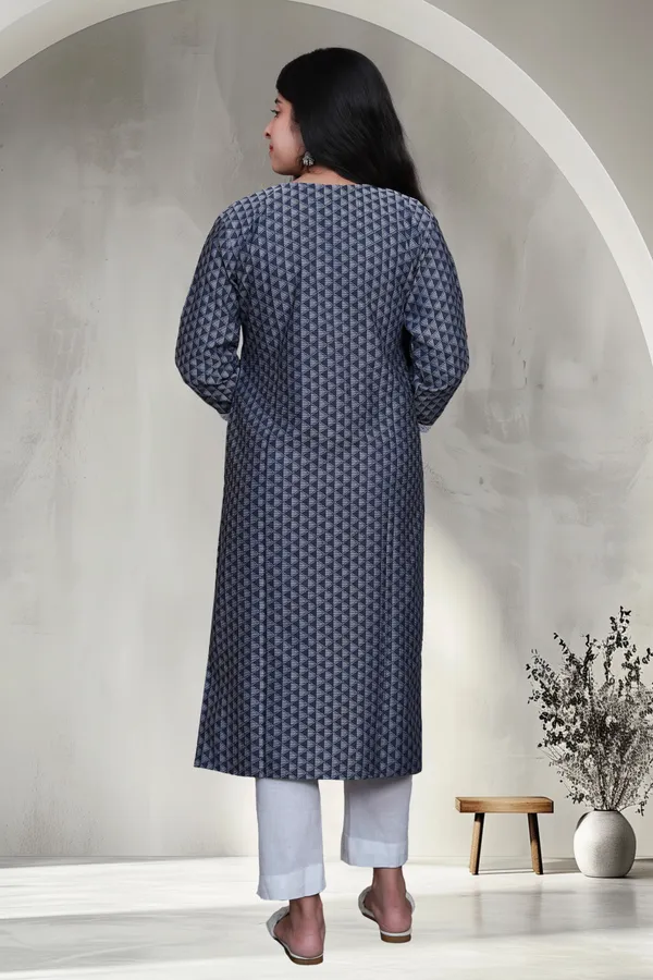 Navy_Blue_Jacquard_Cotton_Blend_Long_Straight_Kurti