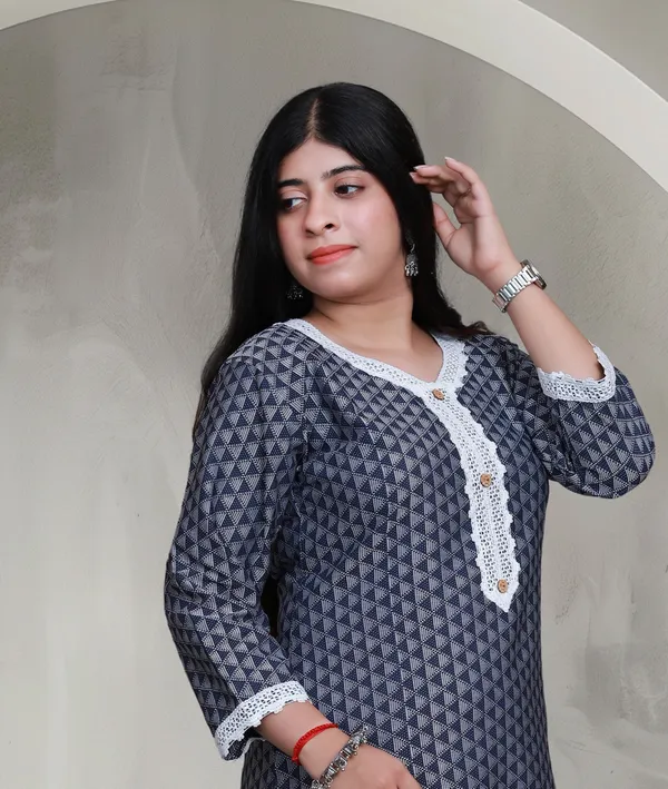 Navy_Blue_Jacquard_Cotton_Blend_Long_Straight_Kurti