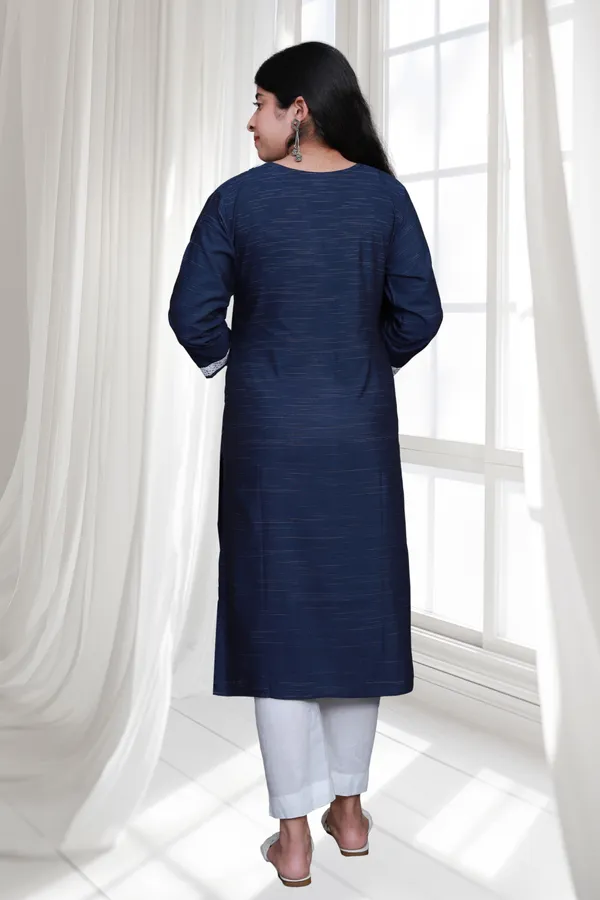 Navy_Blue_V_Neck_Self_Cotton_Blend_Long_Straight_Kurti