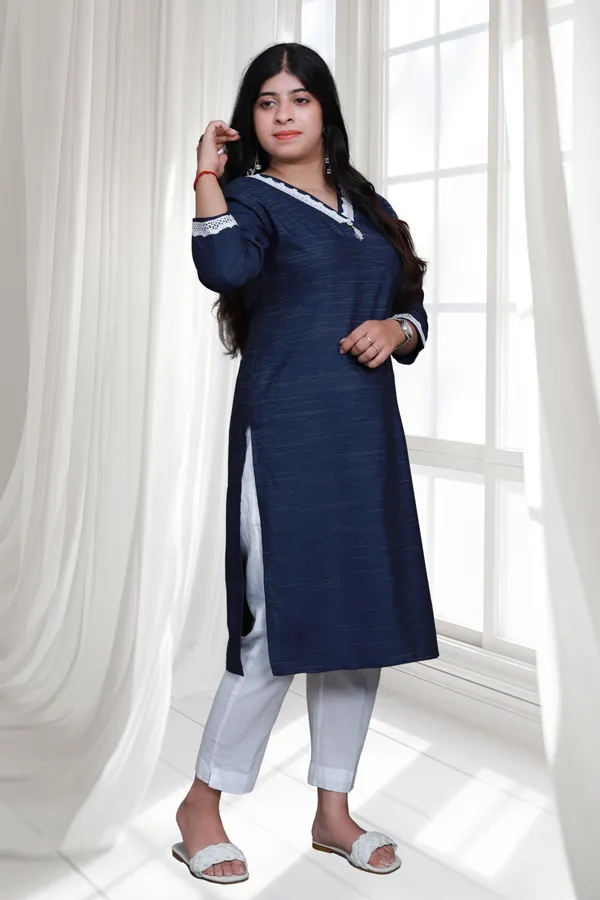 Navy_Blue_V_Neck_Self_Cotton_Blend_Long_Straight_Kurti