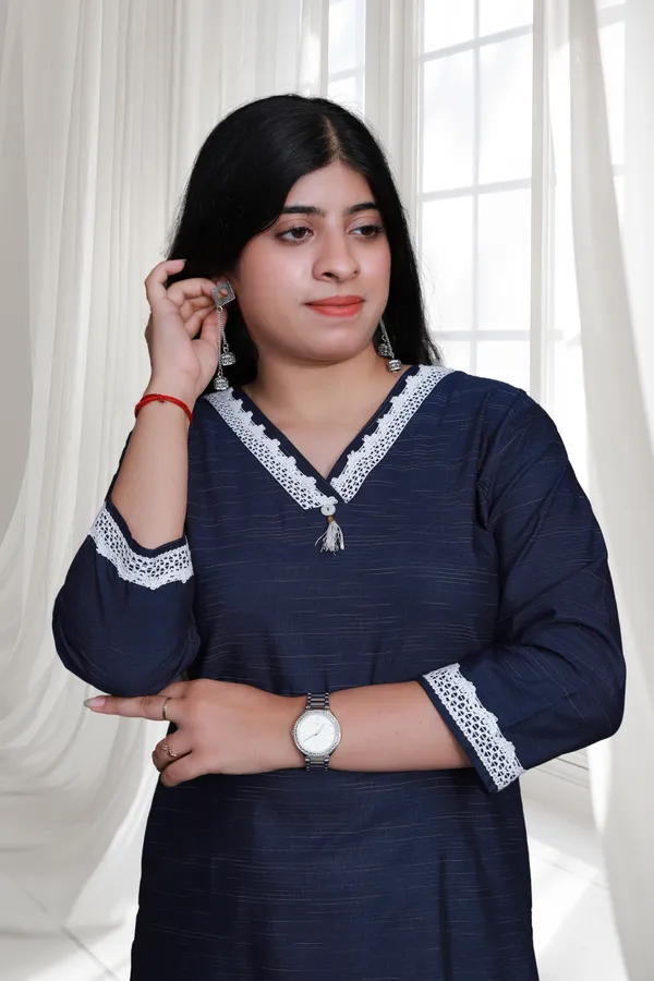 Navy_Blue_V_Neck_Self_Cotton_Blend_Long_Straight_Kurti
