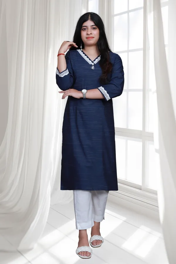 Navy_Blue_V_Neck_Self_Cotton_Blend_Long_Straight_Kurti