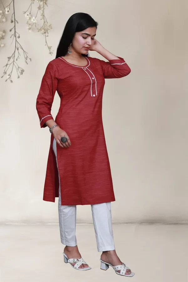 Red_Self_Design_Cotton_Blend_Long_Straight_Kurti