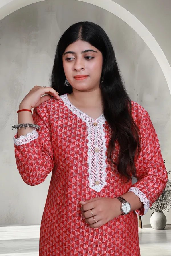 Red_Jacquard_Cotton_Blend_Long_Straight_Kurti