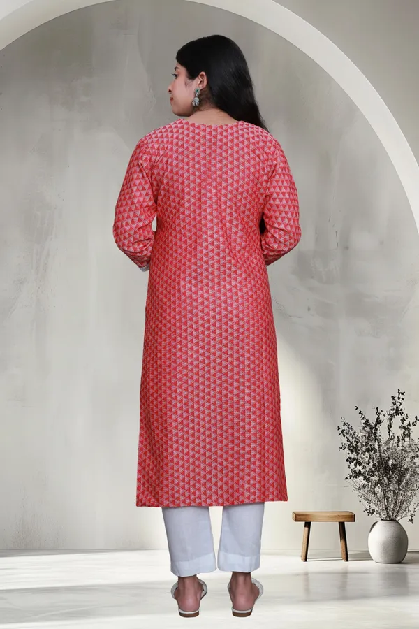 Red_Jacquard_Cotton_Blend_Long_Straight_Kurti