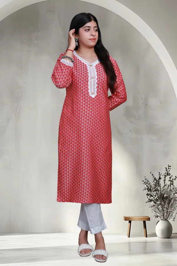 Red_Jacquard_Cotton_Blend_Long_Straight_Kurti