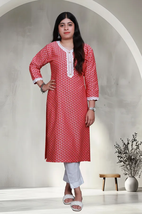 Red_Jacquard_Cotton_Blend_Long_Straight_Kurti