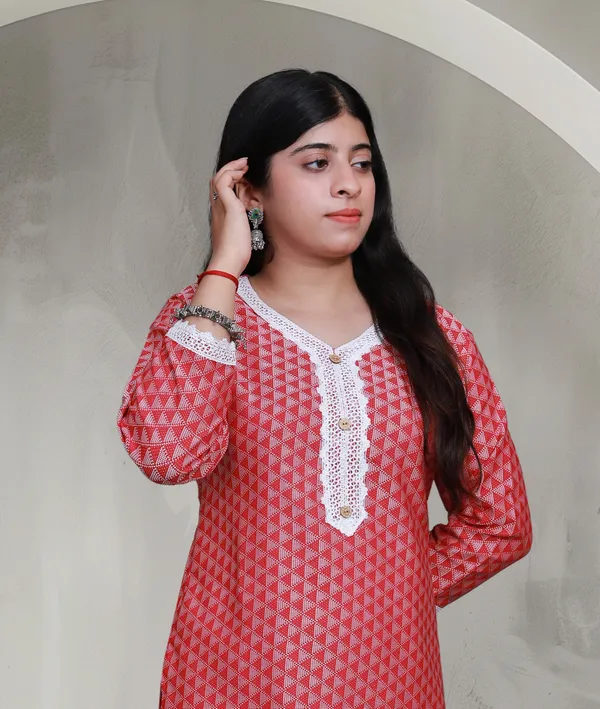 Red_Jacquard_Cotton_Blend_Long_Straight_Kurti