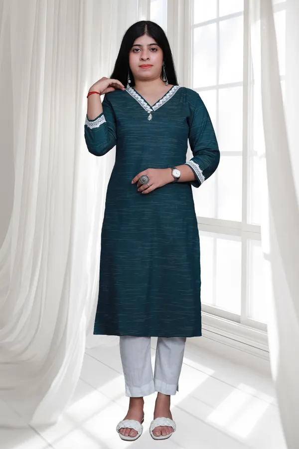 Sea_Green_V_Neck_Self_Cotton_Blend_Long_Straight_Kurti