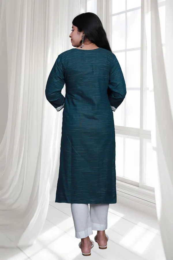Sea_Green_V_Neck_Self_Cotton_Blend_Long_Straight_Kurti