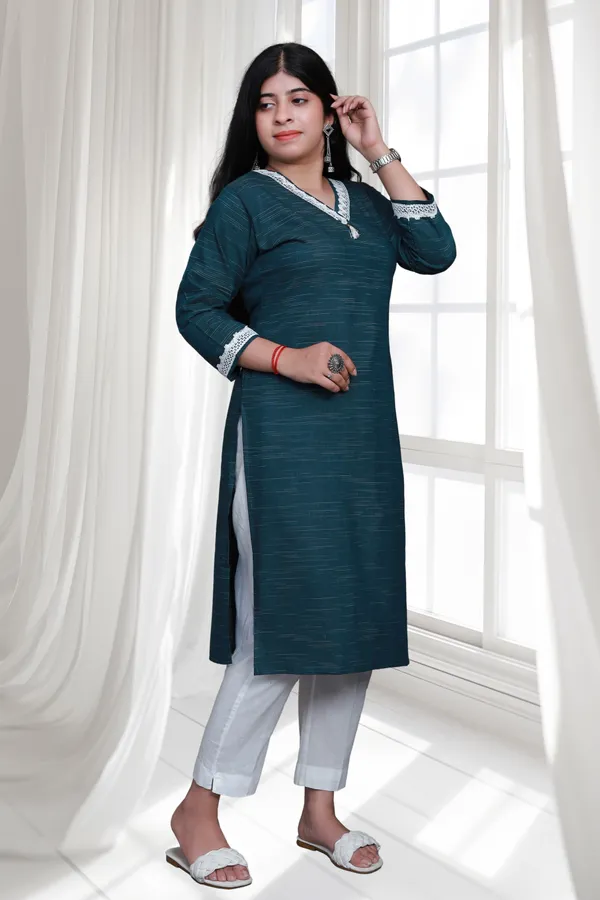 Sea_Green_V_Neck_Self_Cotton_Blend_Long_Straight_Kurti