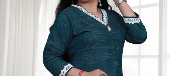 Sea_Green_V_Neck_Self_Cotton_Blend_Long_Straight_Kurti