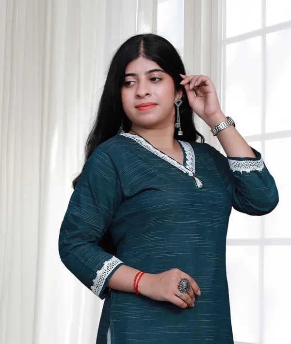 Sea_Green_V_Neck_Self_Cotton_Blend_Long_Straight_Kurti