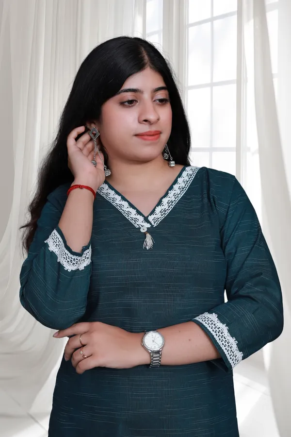 Sea_Green_V_Neck_Self_Cotton_Blend_Long_Straight_Kurti