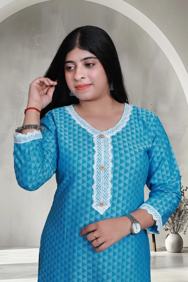Sky_Blue_Jacquard_Cotton_Blend_Long_Straight_Kurti