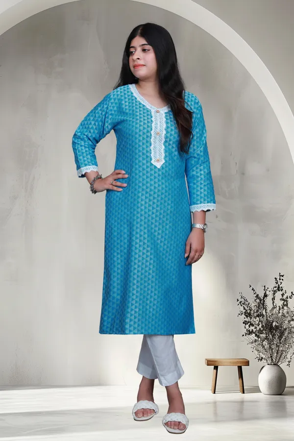 Sky_Blue_Jacquard_Cotton_Blend_Long_Straight_Kurti