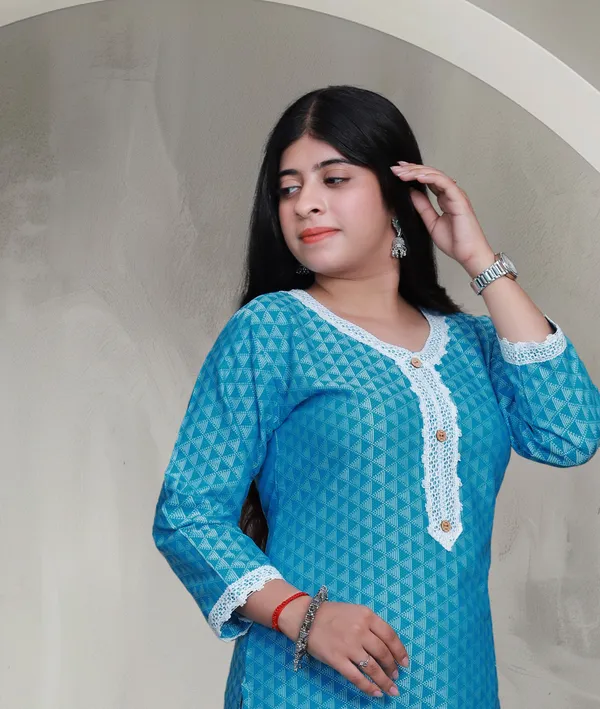 Sky_Blue_Jacquard_Cotton_Blend_Long_Straight_Kurti