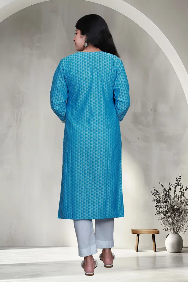 Sky_Blue_Jacquard_Cotton_Blend_Long_Straight_Kurti