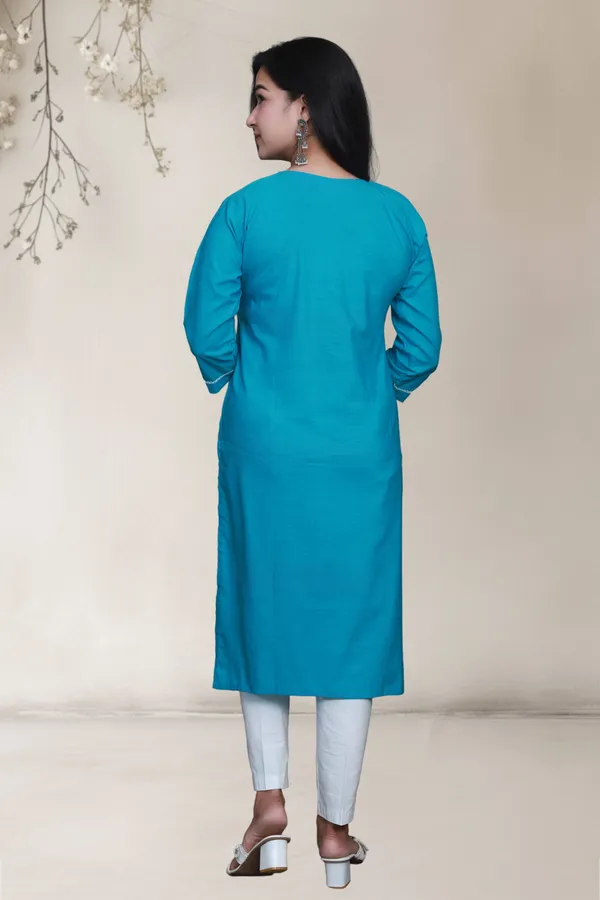 Sky_Blue_Self_Design_Cotton_Blend_Long_Straight_Kurti