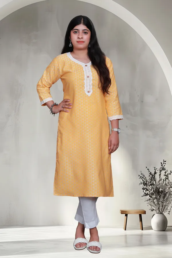 Yellow_Jacquard_Cotton_Blend_Long_Straight_Kurti