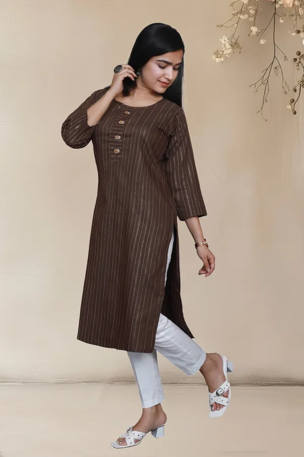 Brown_Shine_Weaving_Design_Cotton_Blend_Long_Straight_Kurti