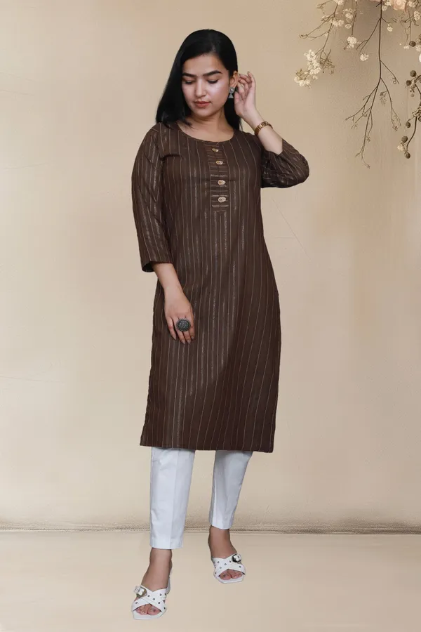 Brown_Shine_Weaving_Design_Cotton_Blend_Long_Straight_Kurti