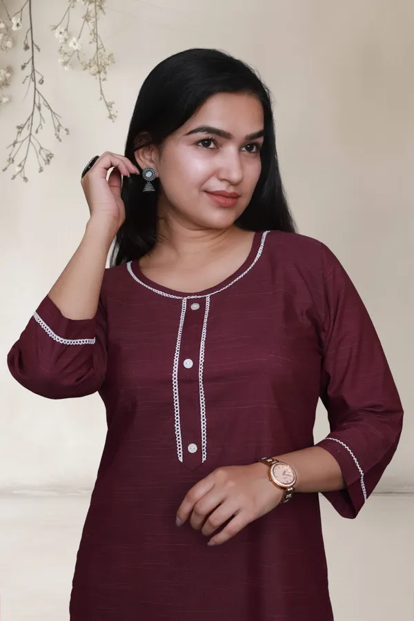 Maroon_Self_Design_Cotton_Blend_Long_Straight_Kurti