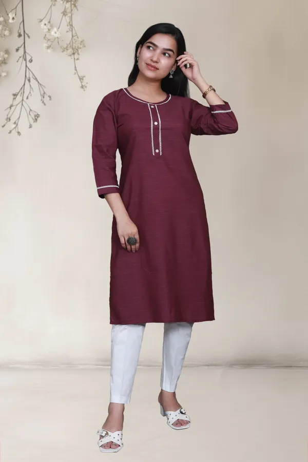 Maroon_Self_Design_Cotton_Blend_Long_Straight_Kurti