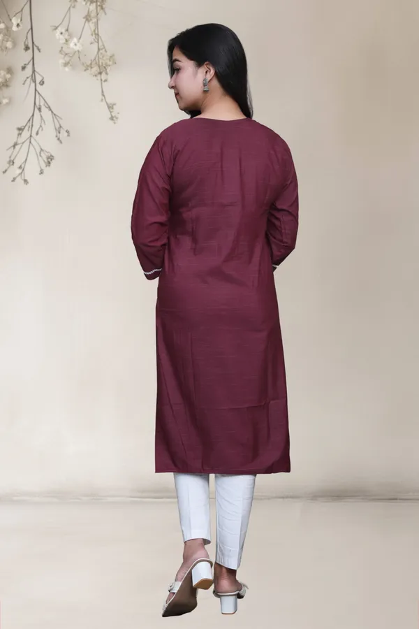 Maroon_Self_Design_Cotton_Blend_Long_Straight_Kurti