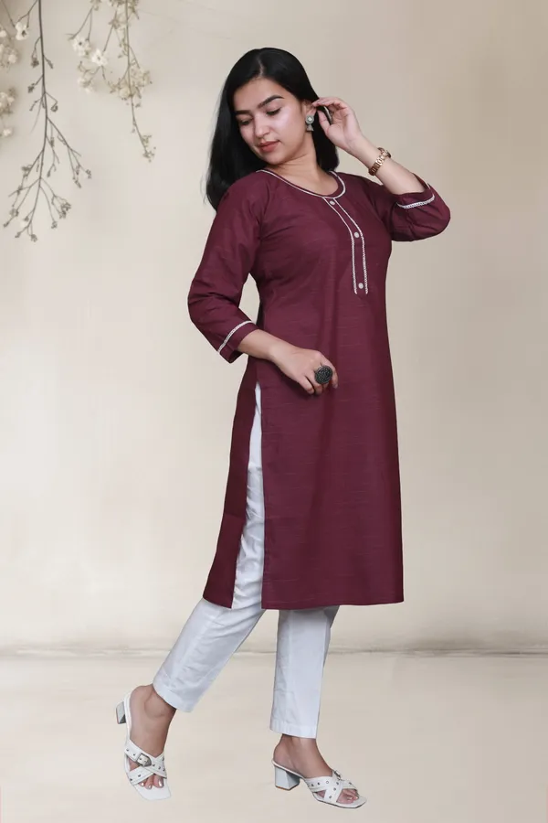 Maroon_Self_Design_Cotton_Blend_Long_Straight_Kurti