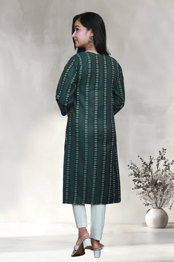 Peacock_Green_Thread_Weaving_Design_Cotton_Blend_Long_Straight_Kurti