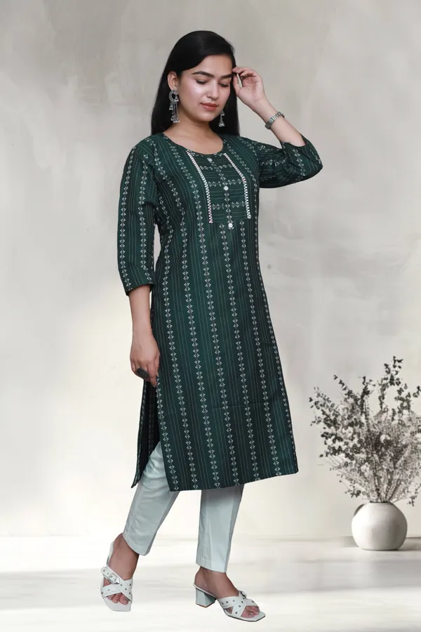 Peacock_Green_Thread_Weaving_Design_Cotton_Blend_Long_Straight_Kurti