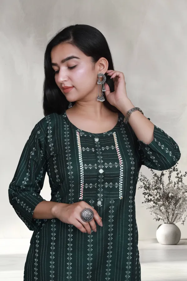 Peacock_Green_Thread_Weaving_Design_Cotton_Blend_Long_Straight_Kurti