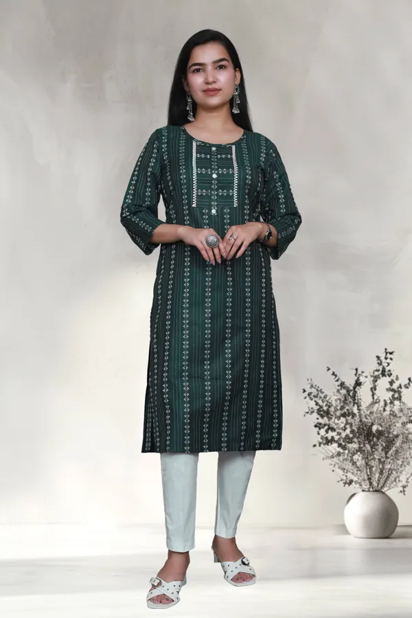 Peacock_Green_Thread_Weaving_Design_Cotton_Blend_Long_Straight_Kurti