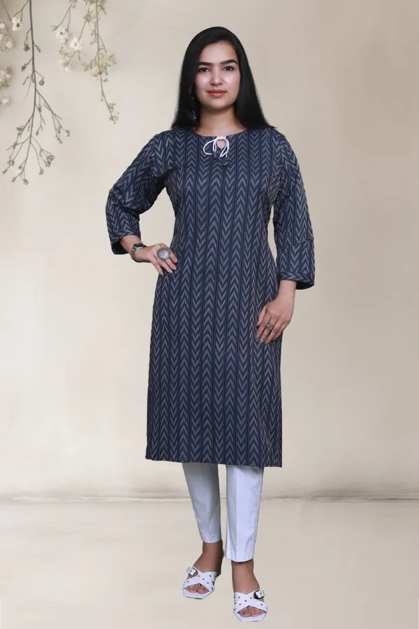 Navy_Blue_Thread_Weave_Cotton_Blend_Long_Straight_Kurti