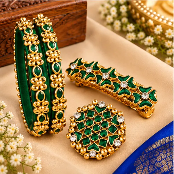 Green_Gold_Tone_Floral_Bangle_Set_for_Women