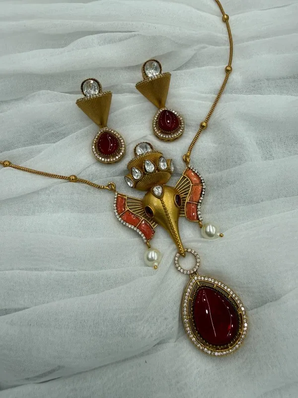Coffee__Elegant_Ganesha_Pendant__with_Stones_&_Pearls_Traditional_Ethnic_Necklace_Set_For_Women