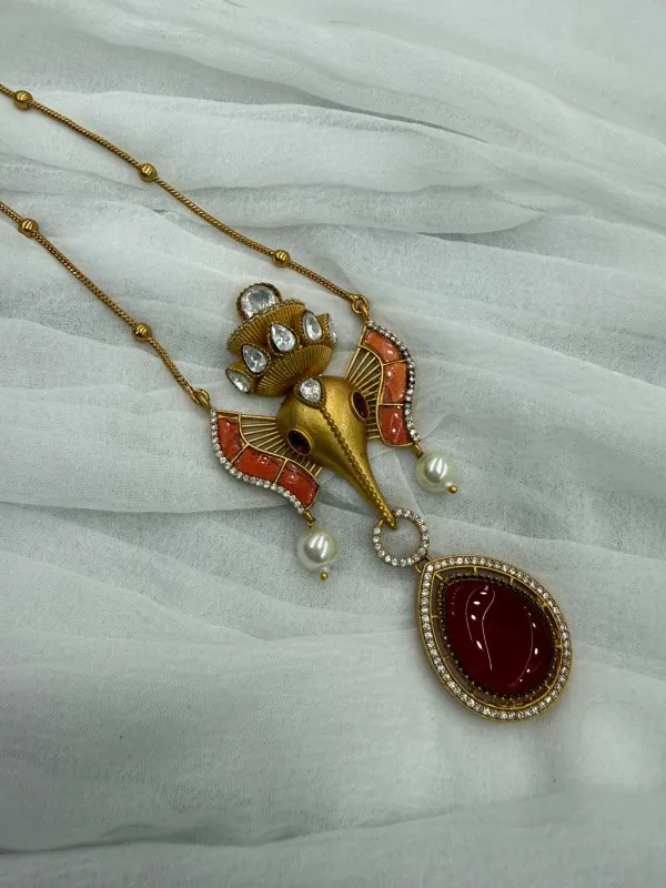 Coffee__Elegant_Ganesha_Pendant__with_Stones_&_Pearls_Traditional_Ethnic_Necklace_Set_For_Women