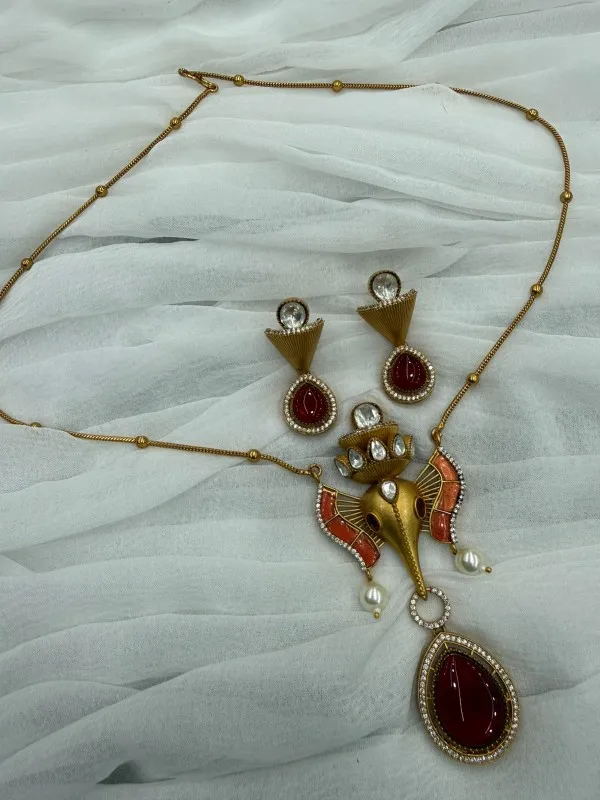 Coffee__Elegant_Ganesha_Pendant__with_Stones_&_Pearls_Traditional_Ethnic_Necklace_Set_For_Women