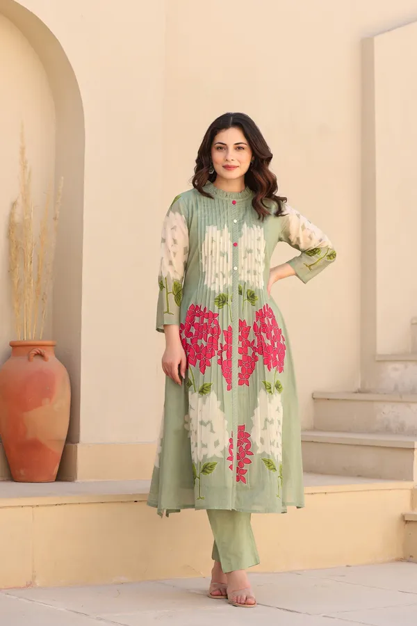 cotton_pista_green_floral_printed__Kurti_with_pant
