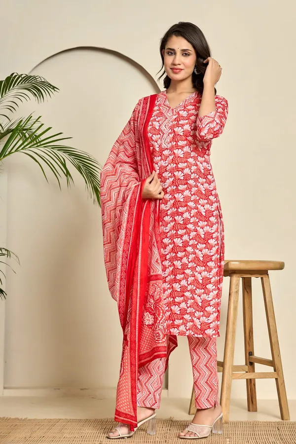 Red_Jaipuri_Cotton_Straight_3_Piece_Set_For_Women